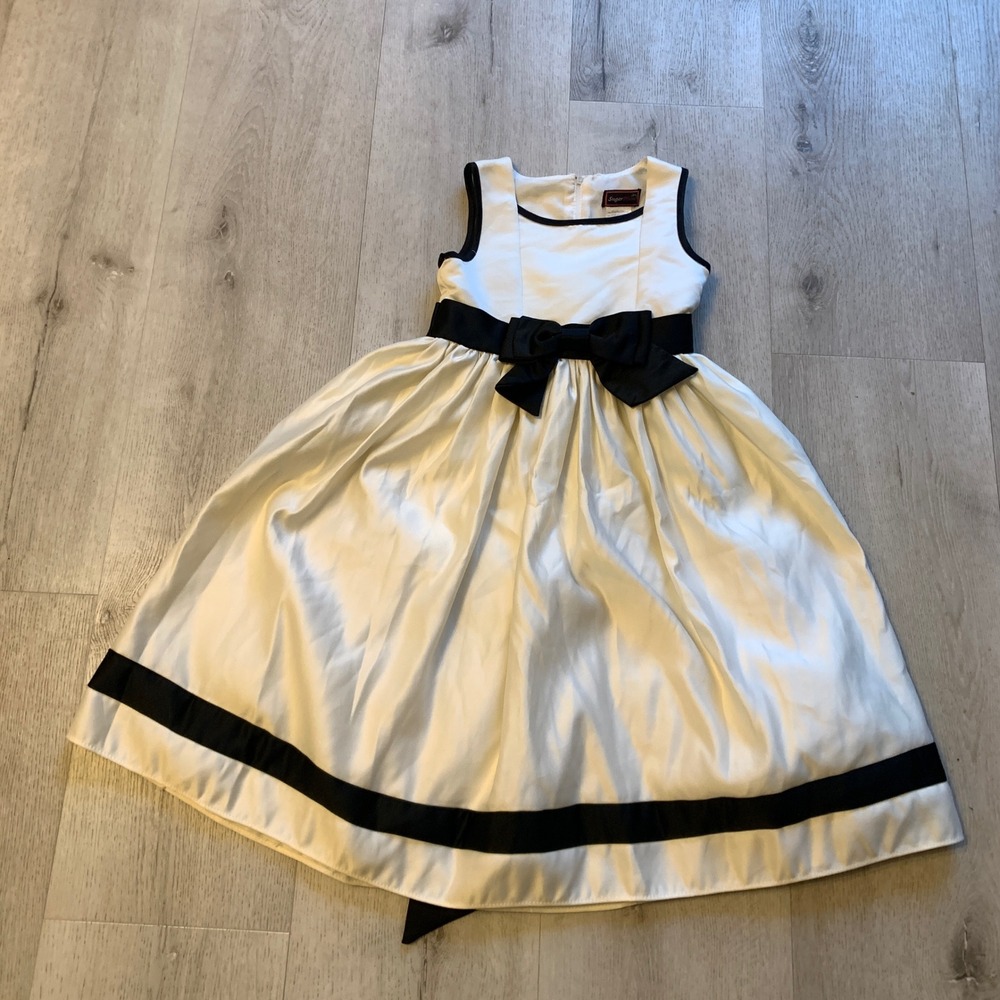 Sugar Plum Girls' Ivory Black Formal Satin A-Line Dress Bow‎ Accent